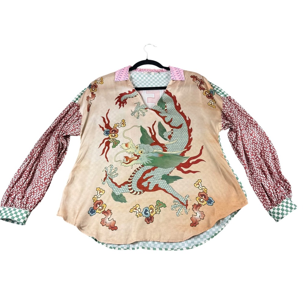 Me369 Anna V-Collar L'amour Blouse Dragon Graphic Mixed Print Top XS Over Sized